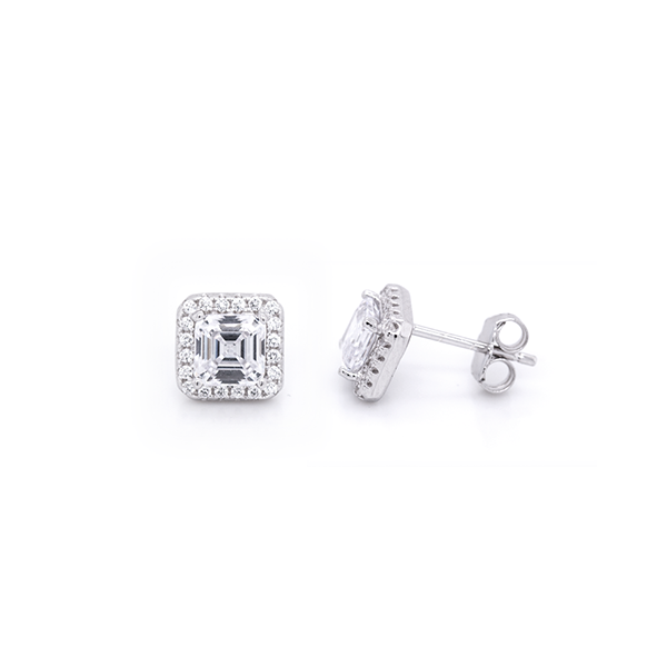 Sterling Silver Princess Halo Stud Earrings with Cubic Zirconia