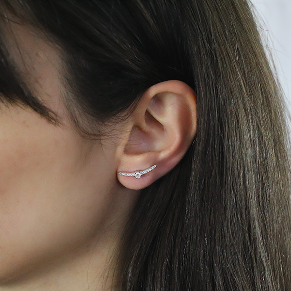 Sterling Silver Cubic Zirconia Eclipse Stud Earrings worn by a woman