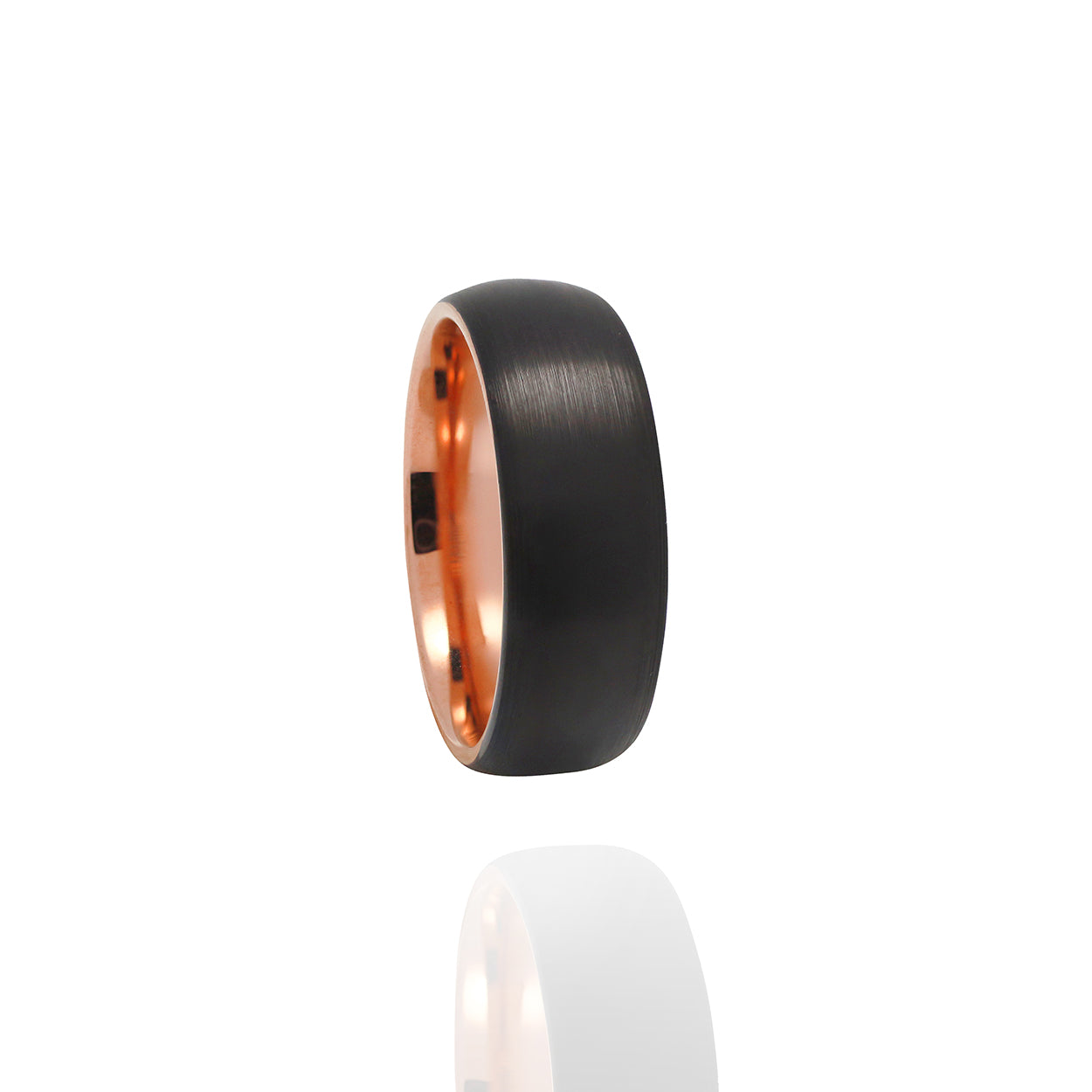 Black Tungsten Carbide Ring with a Brushed Finish and a Rose-Gold Plated Inlay