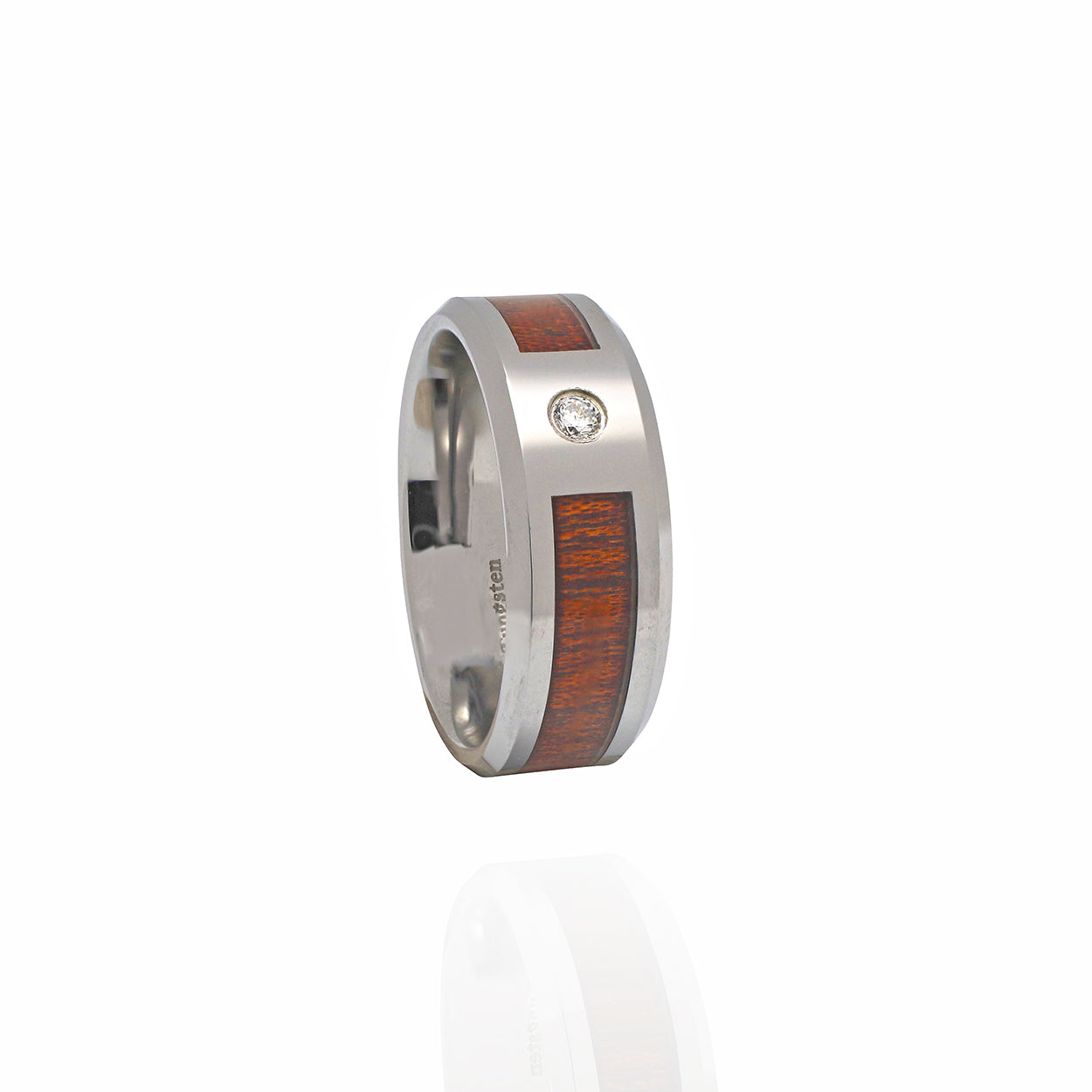 Tungsten Carbide Ring High-Polished with Wood Inlay and Cubic Zirconia