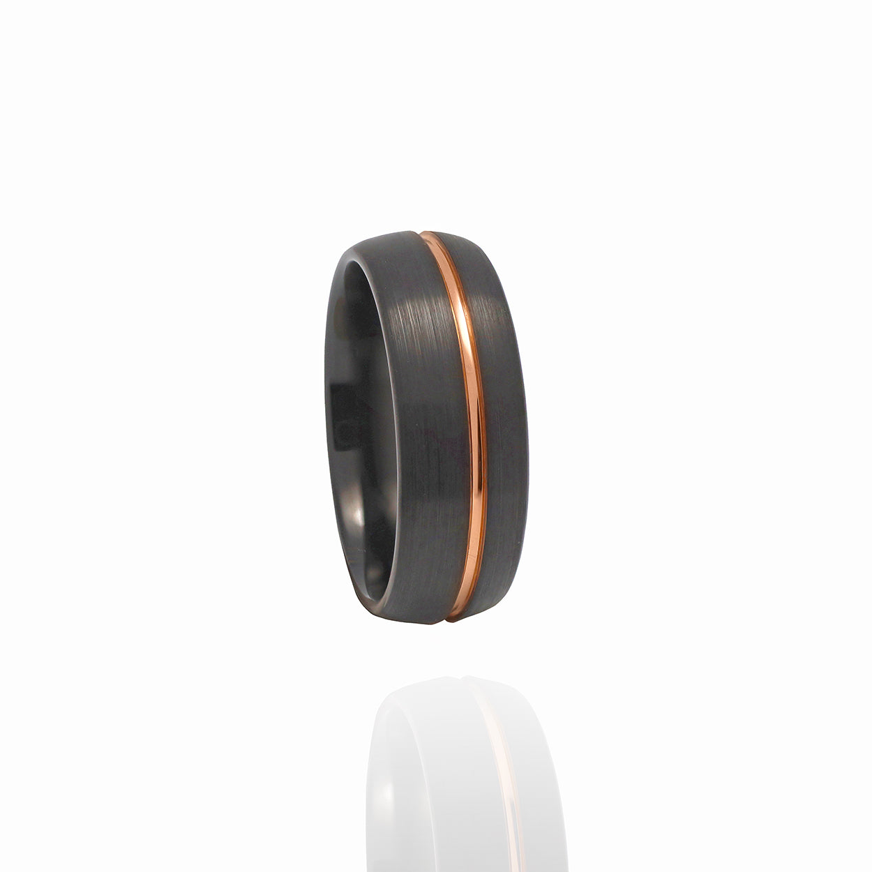 IP Black Plated Satin Finished Tungsten Carbide Ring with a Rose Gold Plated Center Groove