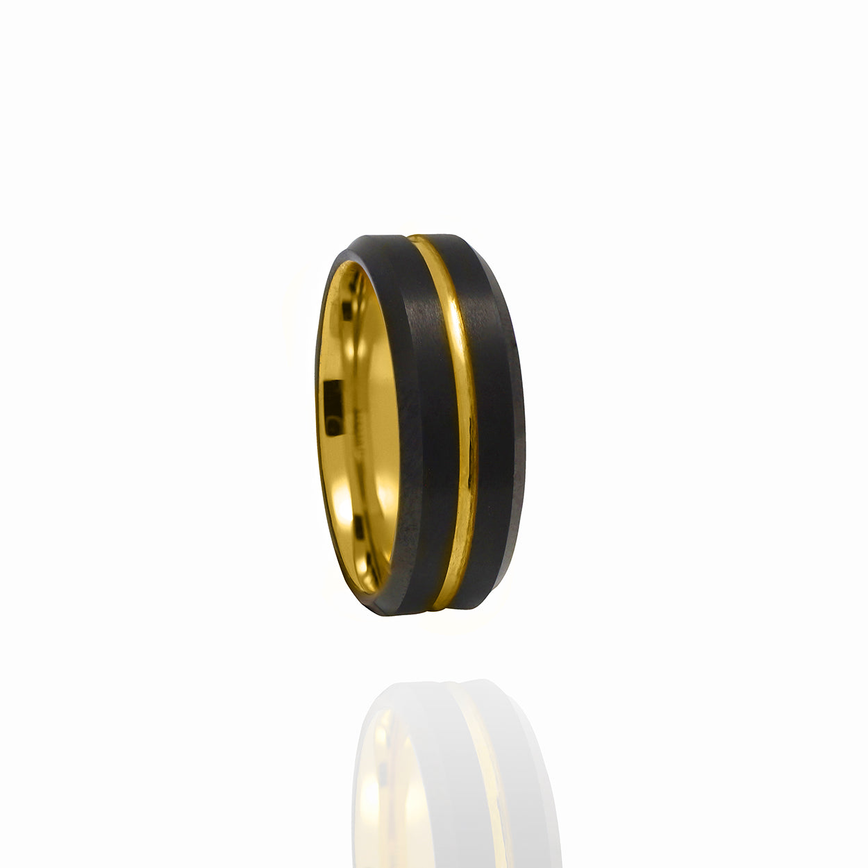 Beveled Tungsten Ring with Black and Yellow Gold Plating and Yellow Gold Inlay 1