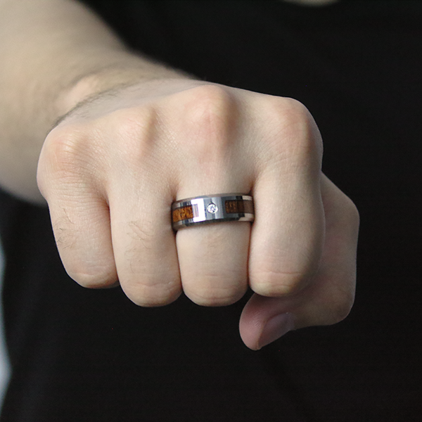 Tungsten Carbide Ring High-Polished with Wood Inlay and Cubic Zirconia worn by man 2