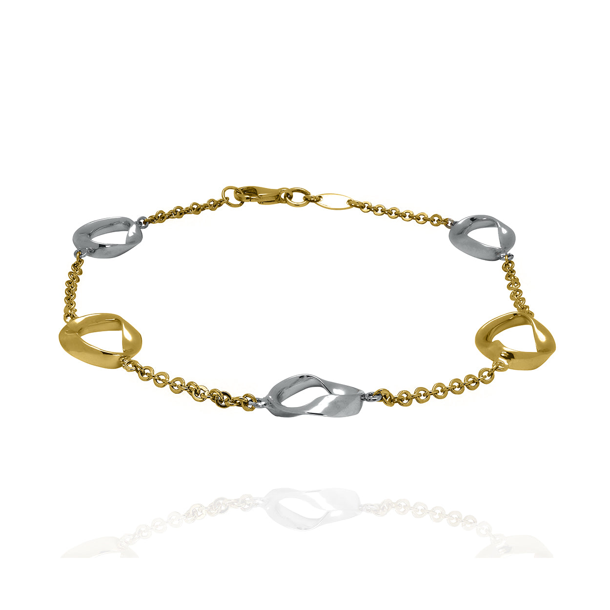10kt Yellow and White Gold Bracelet with 5 Oval Links attached to a cable style chain