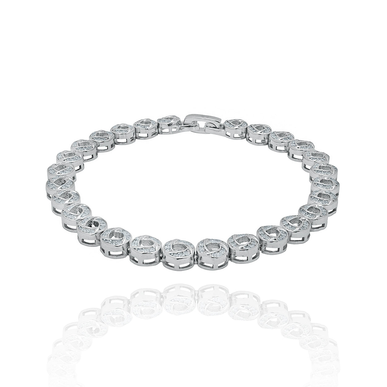 Sterling Silver Rhodium Plated Round Link Bracelet set with Cubic Zirconia