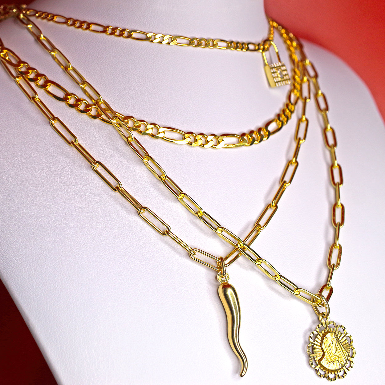 Sterling Silver Plated in 18KT Yellow Gold and Solid Gold Necklaces Layered Chains with Pendants