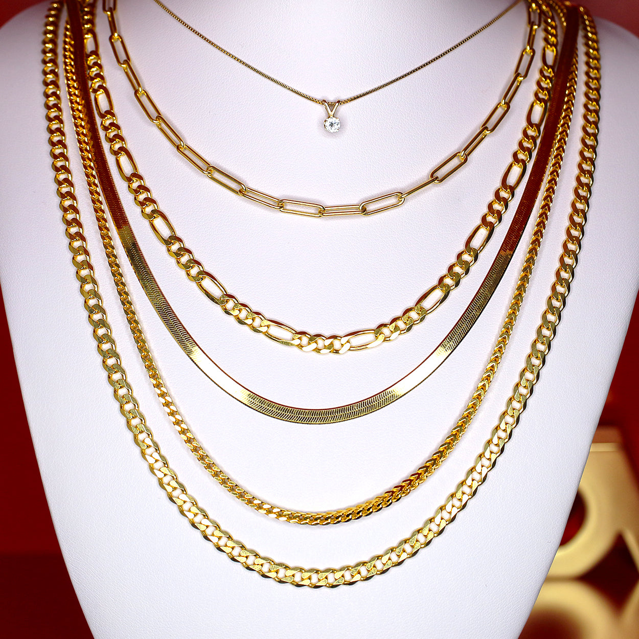 Bust with Layered Sterling Silver 18KT Yellow Gold Plated Chains and Diamond Necklace