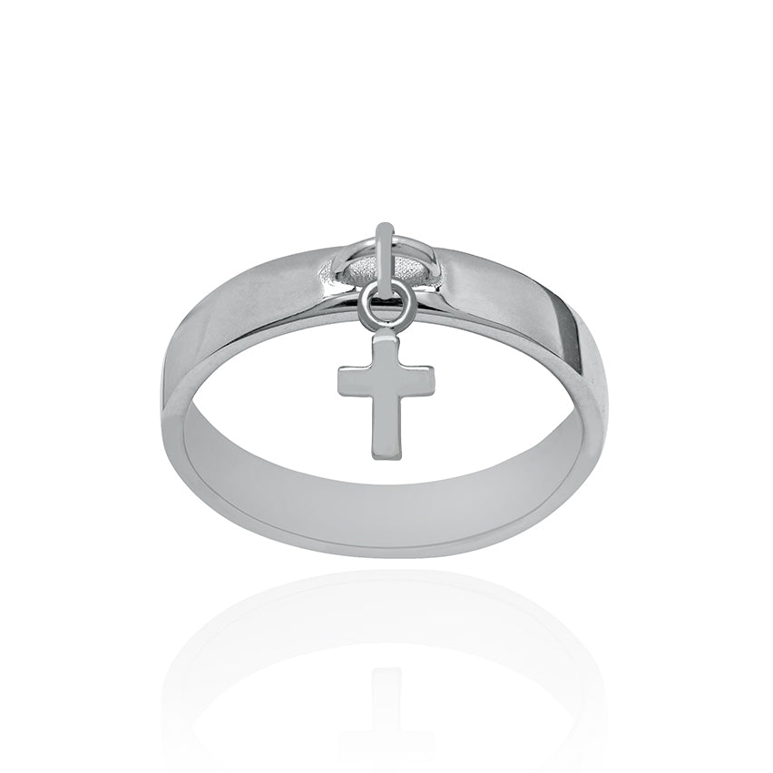 Solid White Gold Dangle Ring Large with Cross Charm