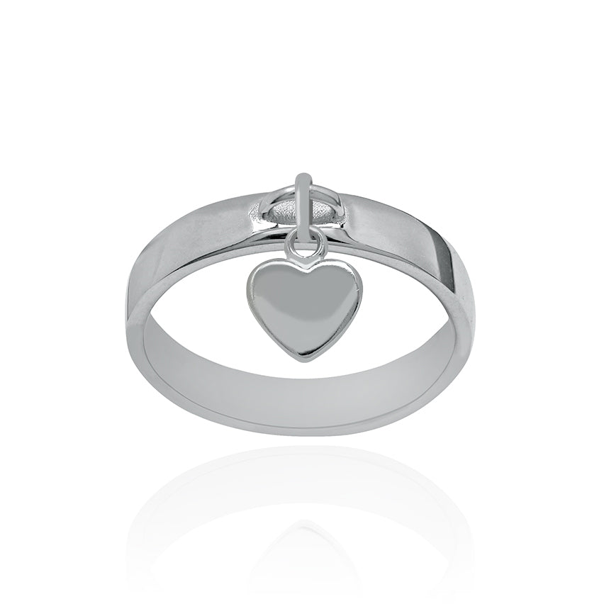Solid White Gold Dangle Ring Large with Small Heart Charm