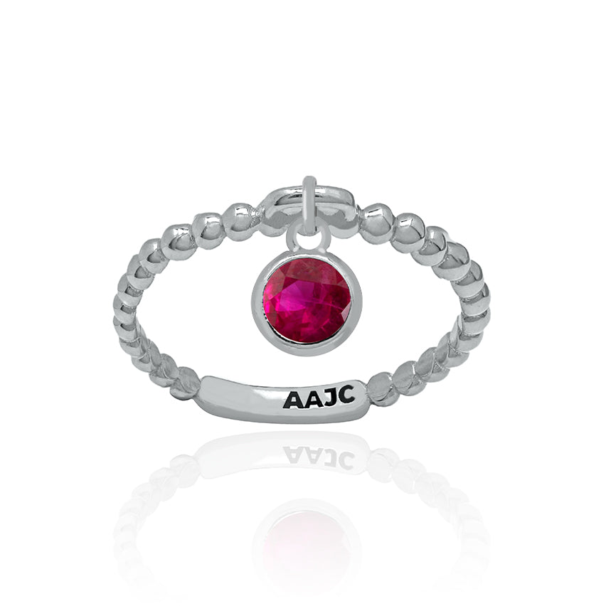 Solid White Gold Bubble Dangle Ring with Ruby Charm