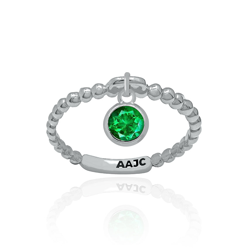 Solid White Gold Bubble Dangle Ring with Emerald Charm