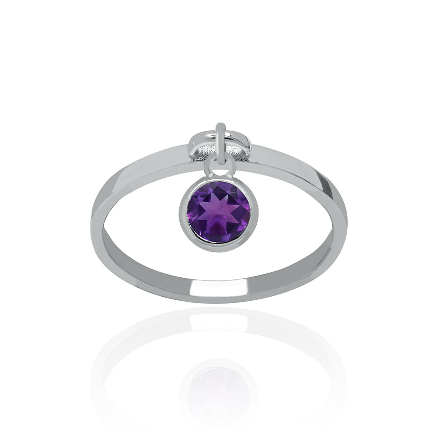 Sterling Silver Dangle Ring Small with Amethyst Charm