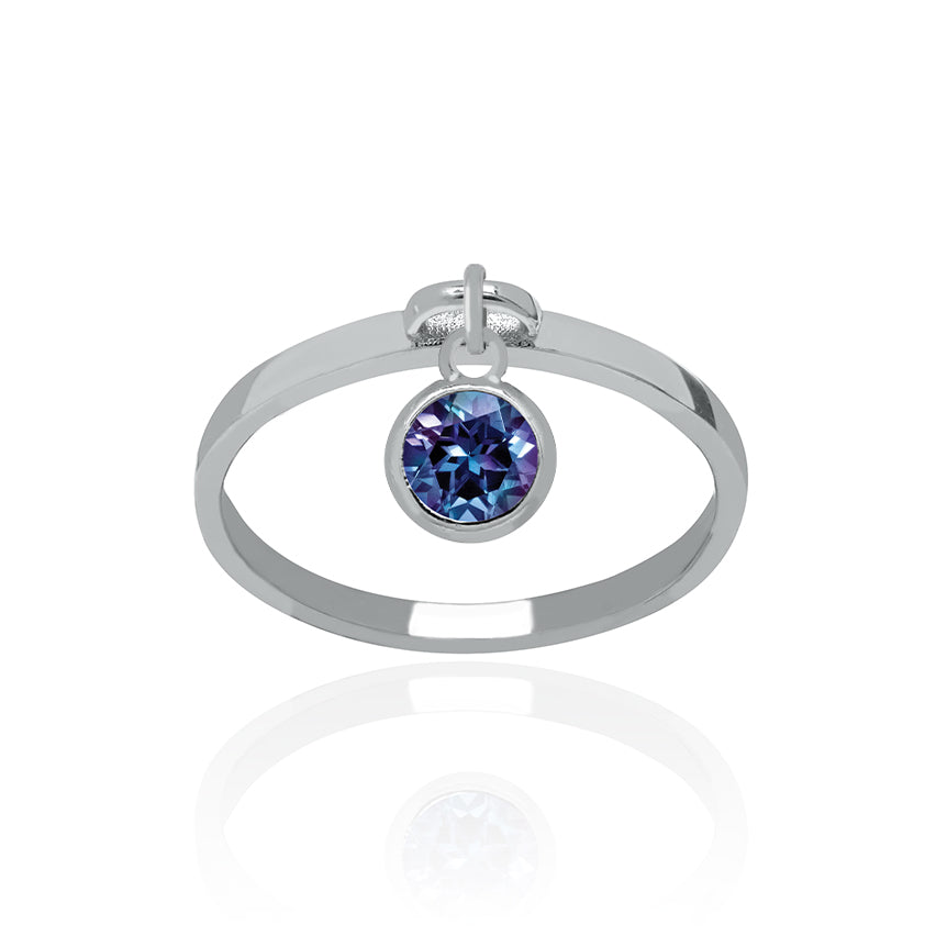 Solid White Gold Dangle Ring Small with Alexandrite Charm