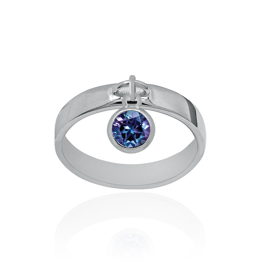 Solid White Gold Dangle Ring Large with Alexandrite Charm