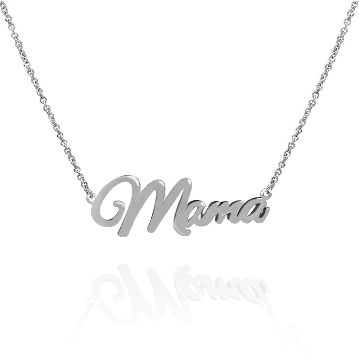 Solid 10KT White Gold Mama Name Pendant attached to a 1mm Wide Cable Chain