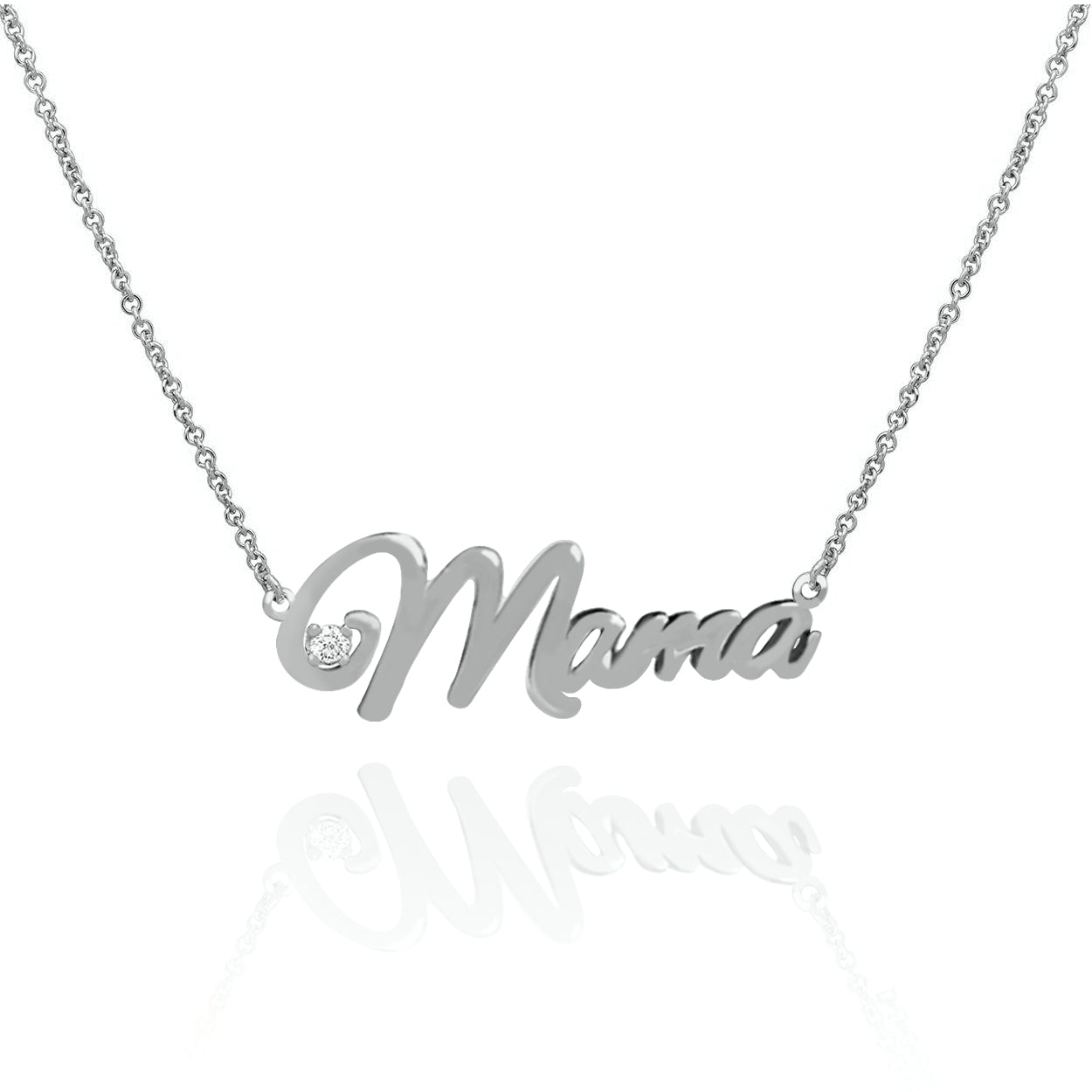 Solid 10KT White Gold Mama Name Necklace attached to a Rolo Chain set with a Diamond
