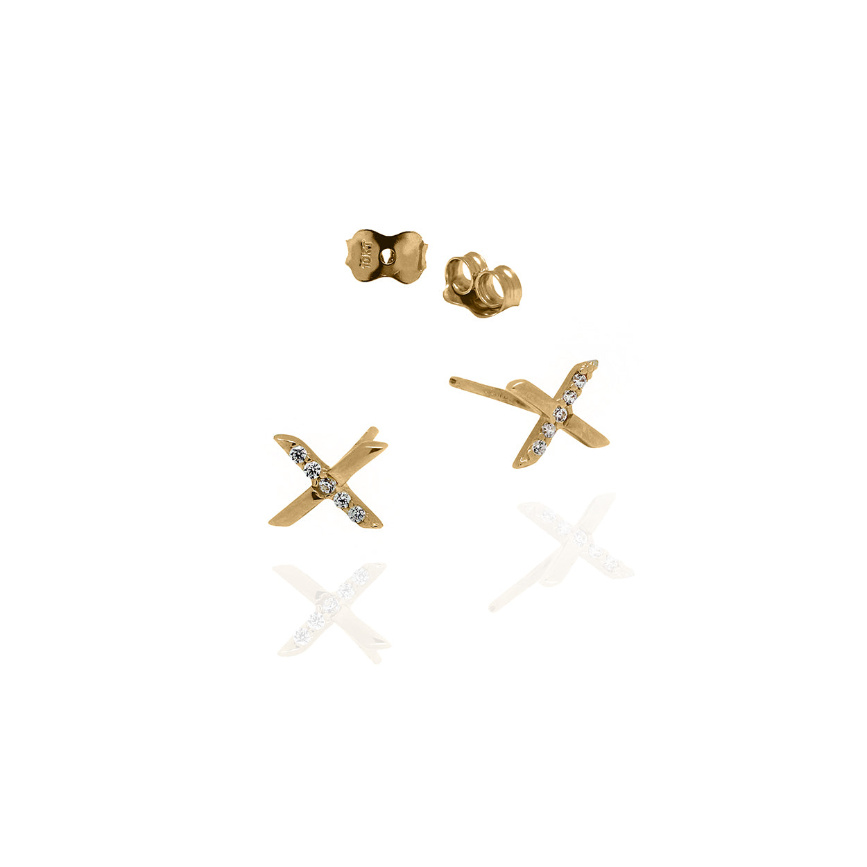 10kt Yellow Gold X style Stud Earrings set with Cubic Zirconia
