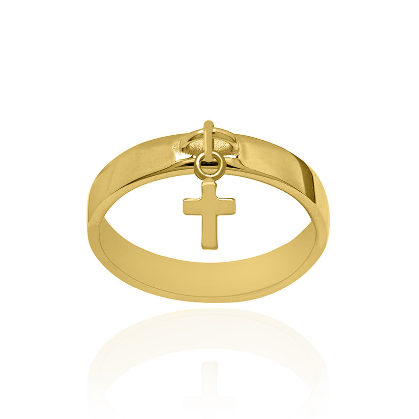 Sterling Silver Gold Plated Dangle Ring Large with Cross Charm