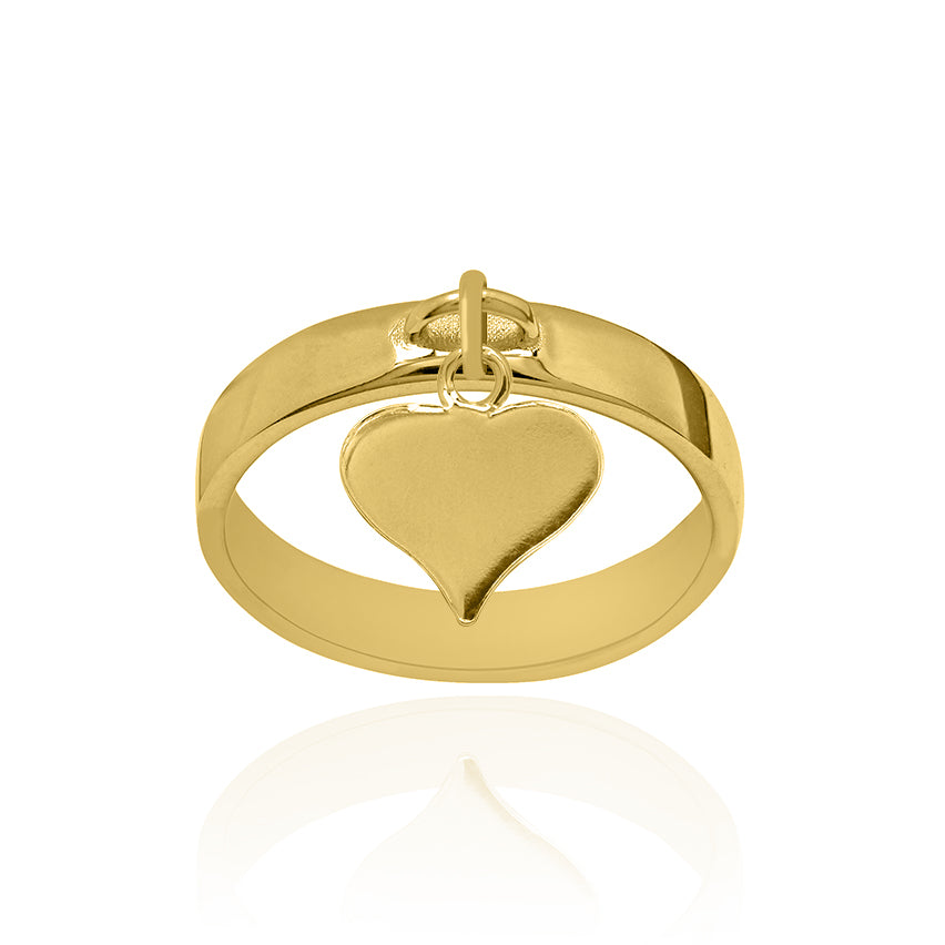 Solid Yellow Gold Dangle Ring Large with Large Heart Charm