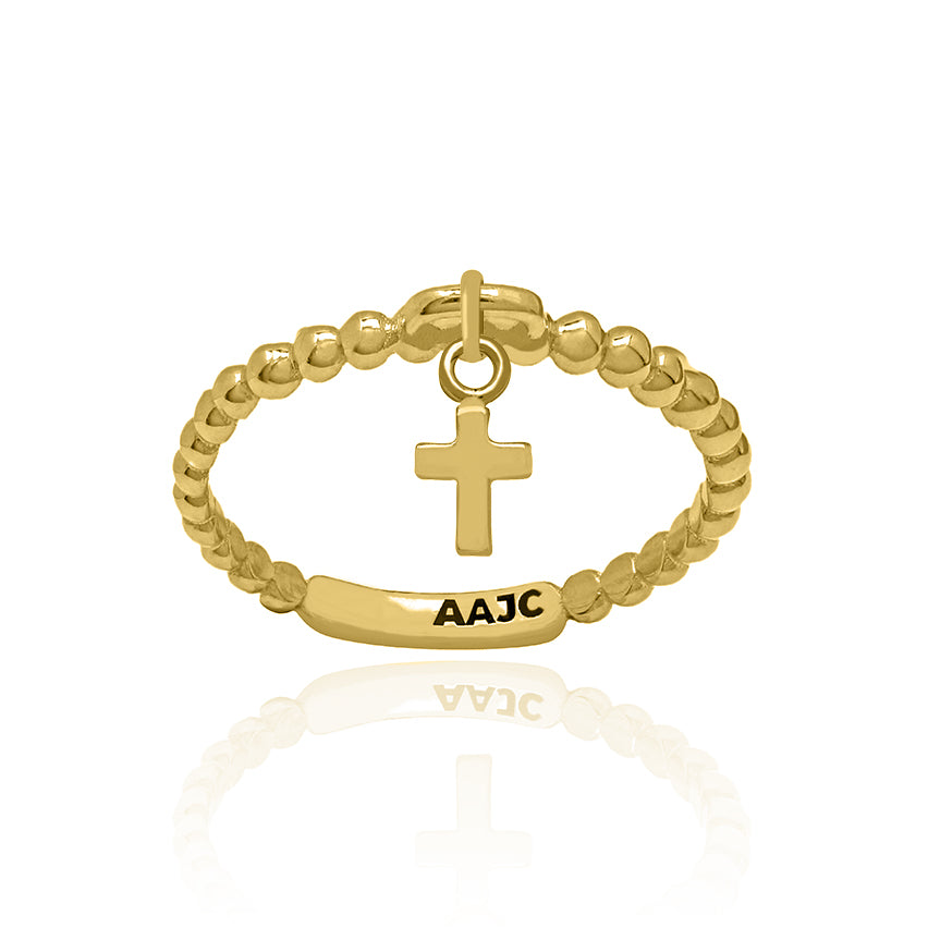 Solid Yellow Gold Bubble Dangle Ring with Cross Charm