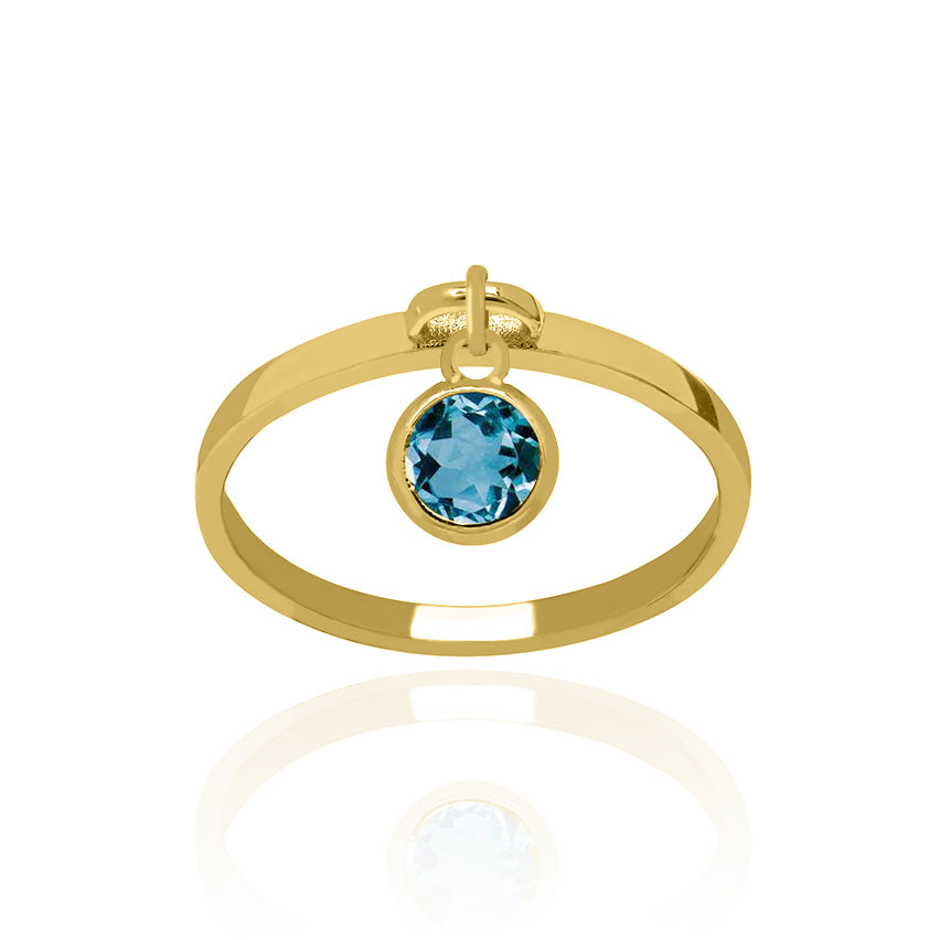 Sterling Silver Gold Plated Dangle Ring Small with Blue Topaz Charm