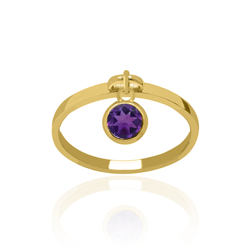 Solid Yellow Gold Dangle Ring Small with Amethyst Charm