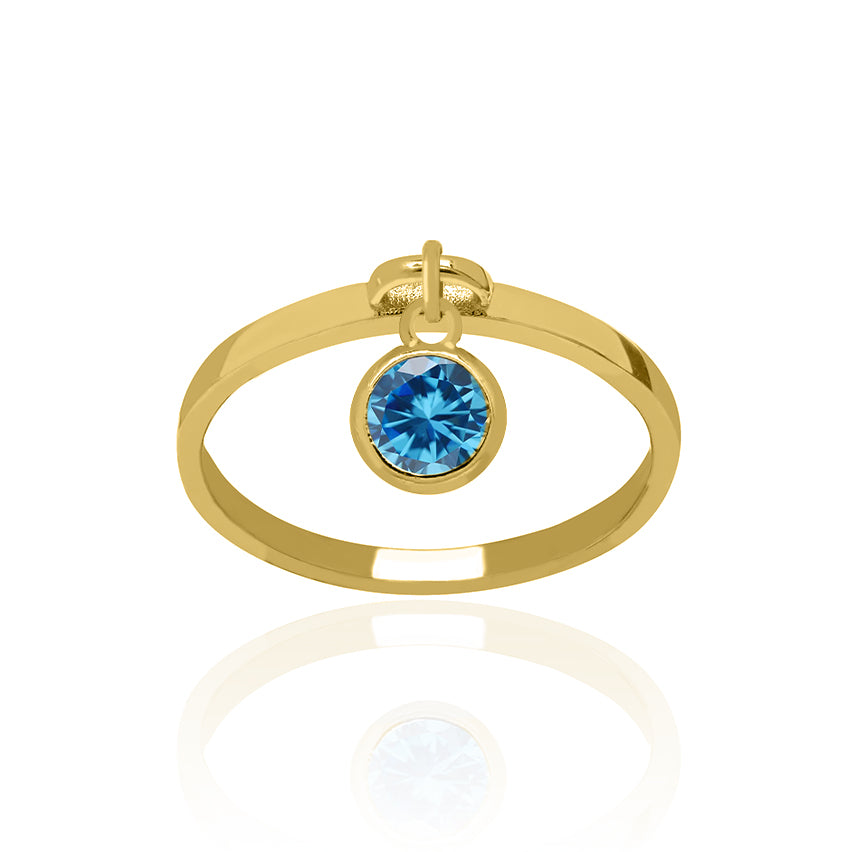 Solid Yellow Gold Dangle Ring Small with Aquamarine Charm