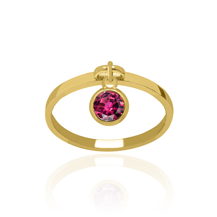 Sterling Silver Gold Plated Dangle Ring with Ruby Charm