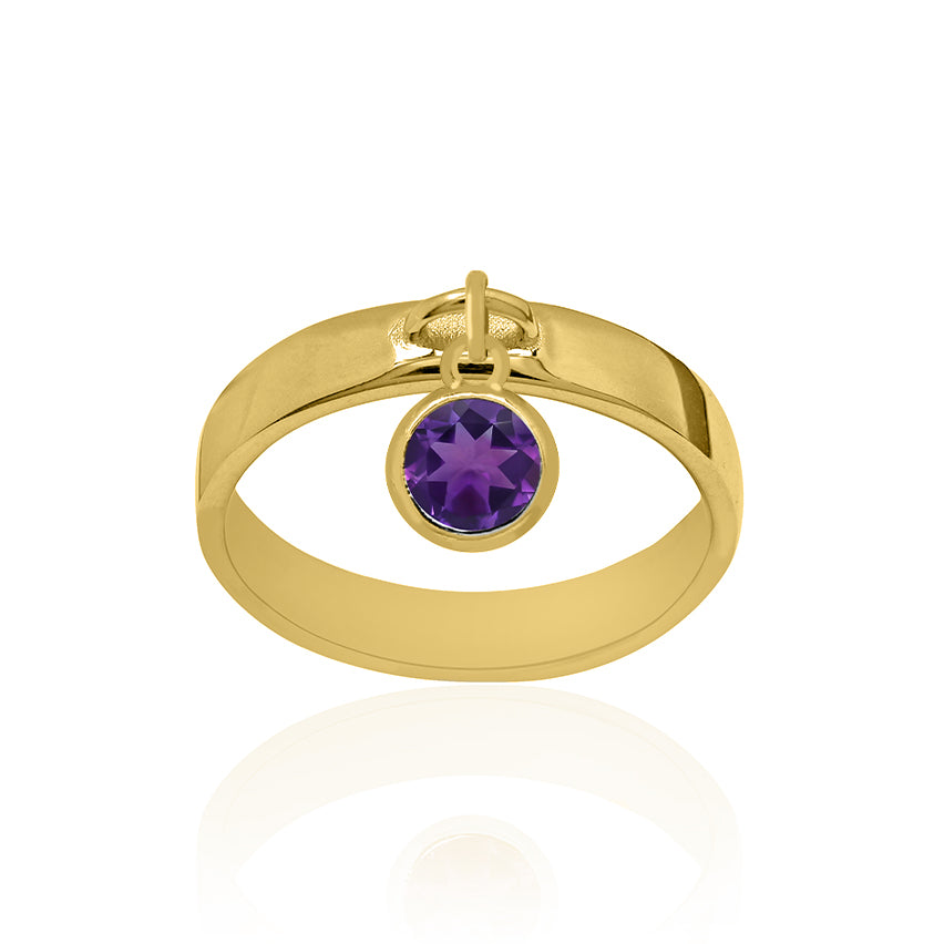 Solid Yellow Gold Dangle Ring Large with Amethyst Charm