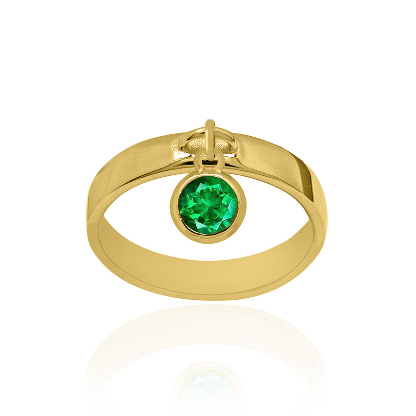 Solid Yellow Gold Dangle Ring Large with Emerald Charm
