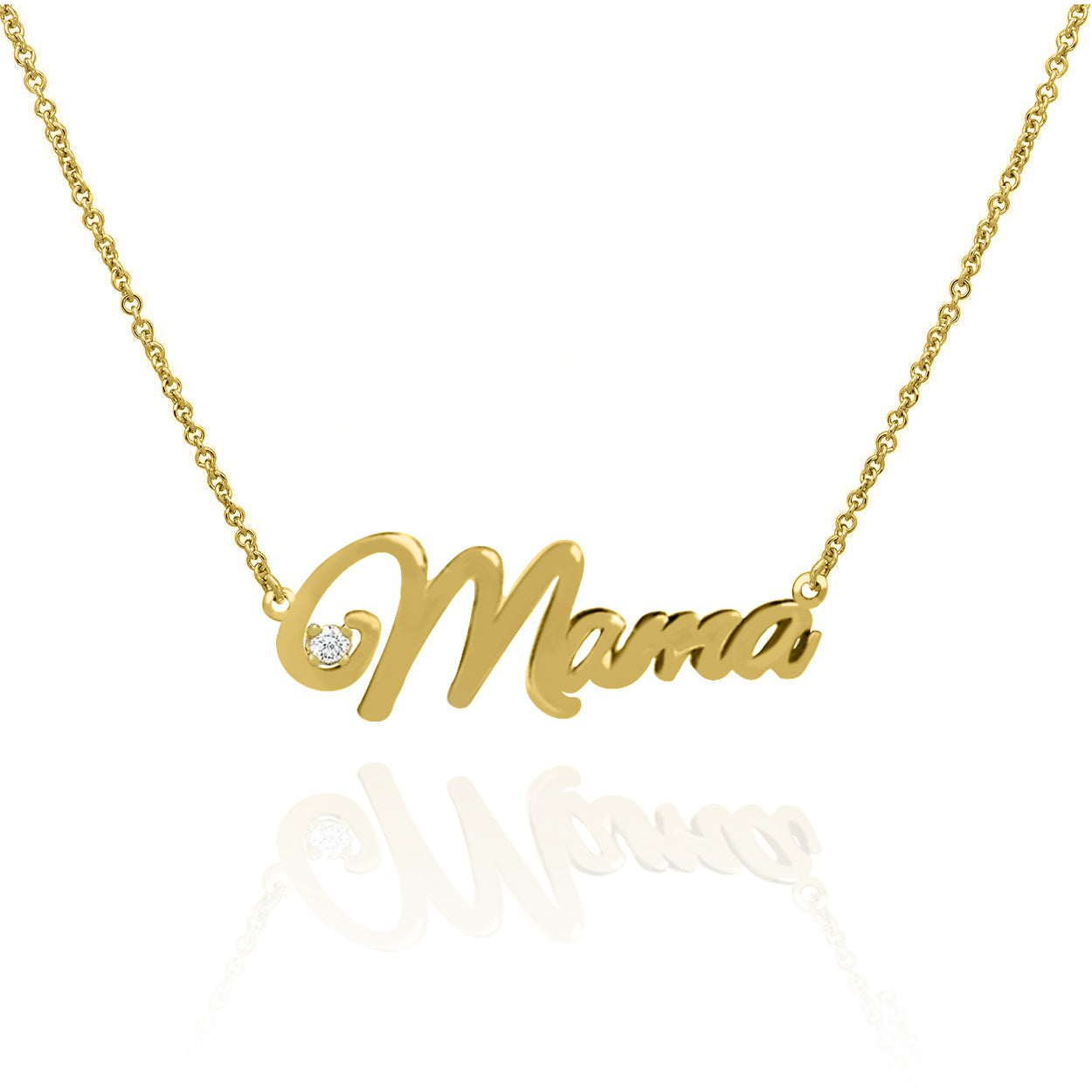 Solid 10KT Yellow Gold Mama Name Necklace attached to a Rolo Chain set with a Diamond